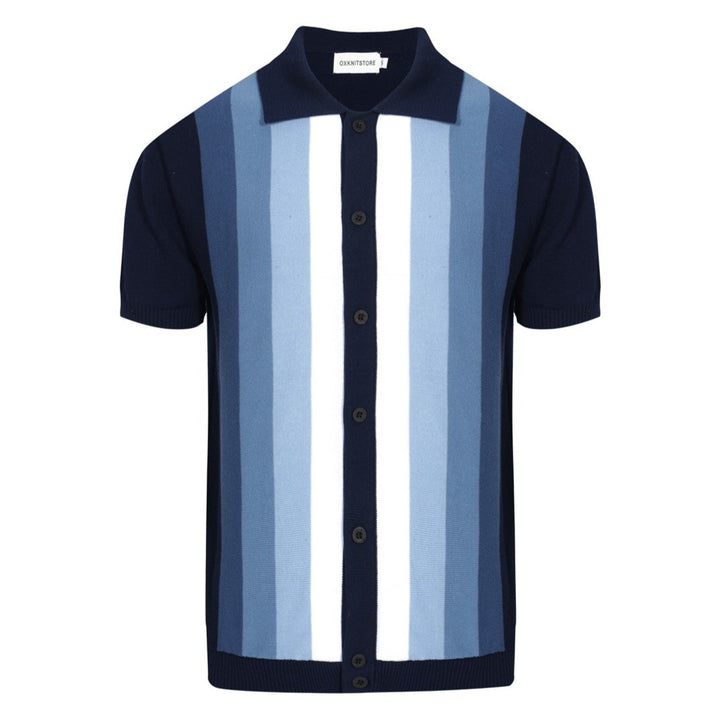 Men's navy knit polo shirt with vertical sky blue and white stripes, short sleeves, a pointed collar, and a full button front.