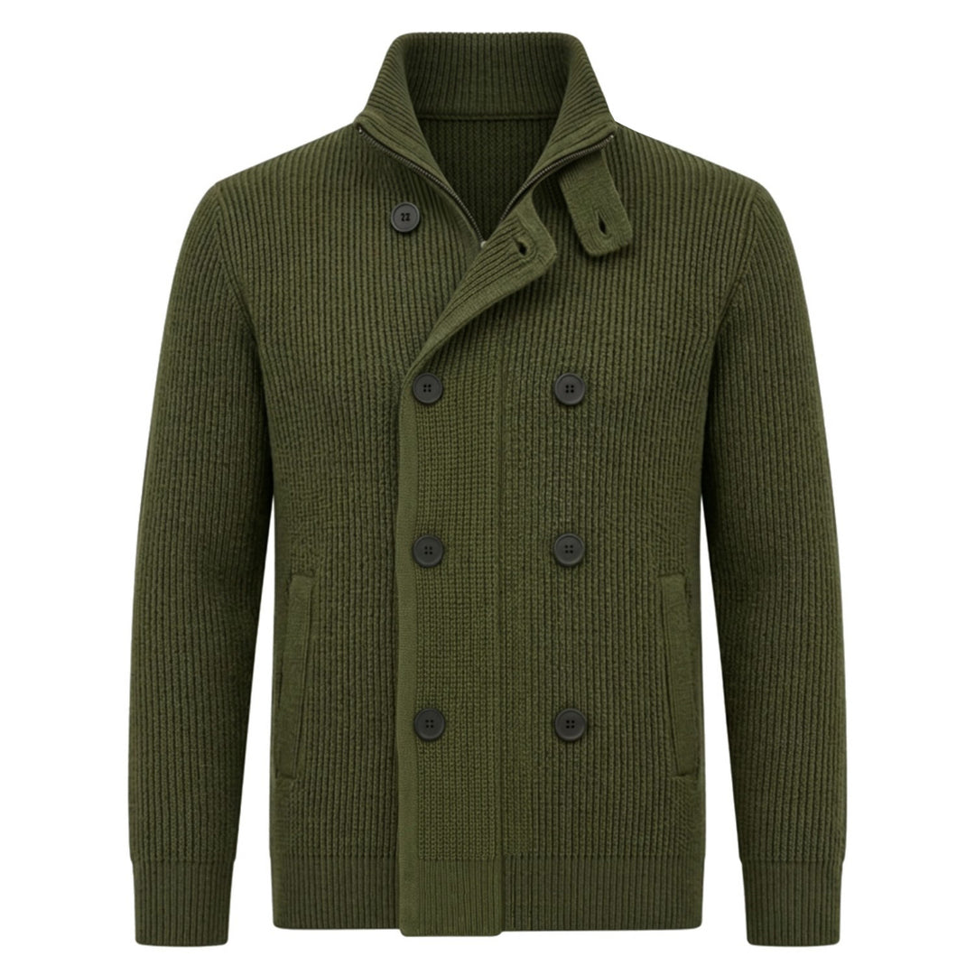 Men's olive green ribbed knit cardigan with double-breasted buttons, stand collar, and front pockets.