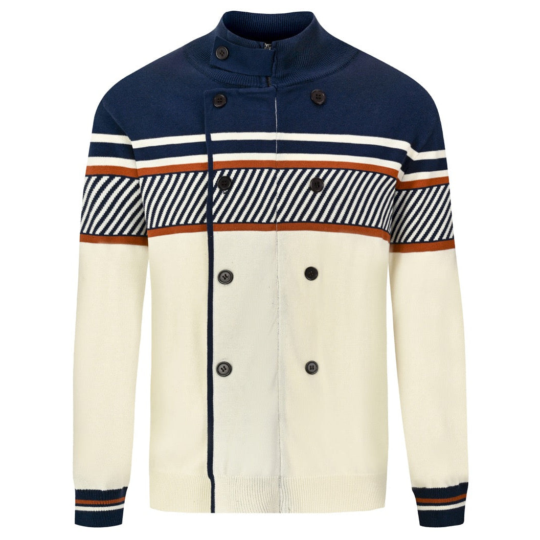 Men's navy and cream retro racing stripe knit cardigan with orange contrast stripes, a stand collar, diagonal chest pattern, and double-breasted button front.