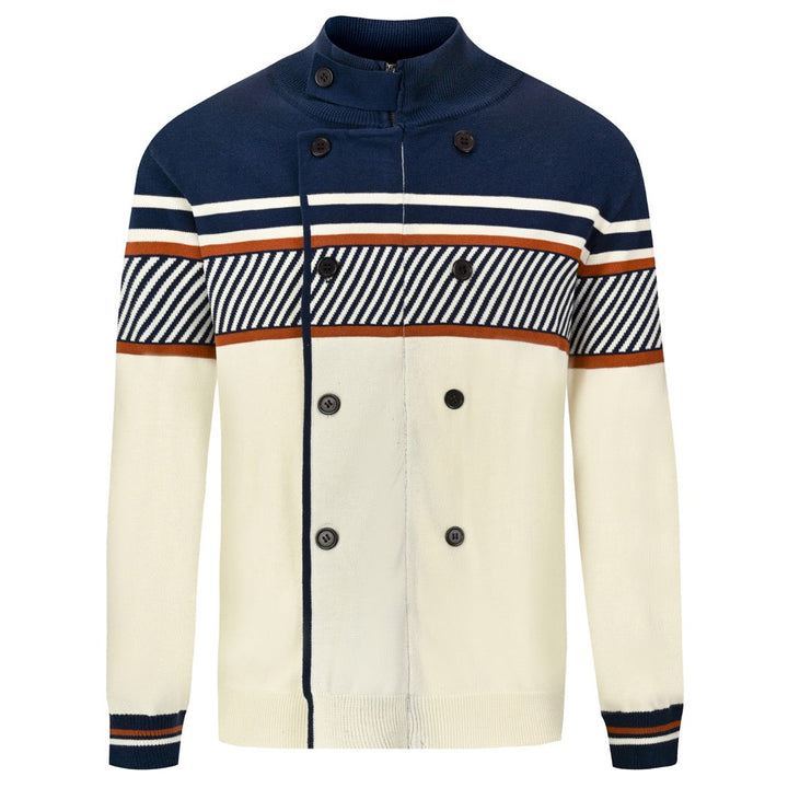 Men's navy and cream retro racing stripe knit cardigan with orange contrast stripes, a stand collar, diagonal chest pattern, and double-breasted button front.