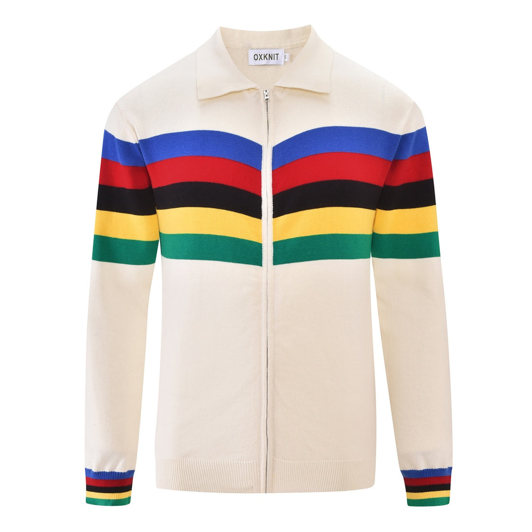 Men's cream zip-up knit cardigan with colorful horizontal rainbow stripes, a pointed collar, and striped cuffs.