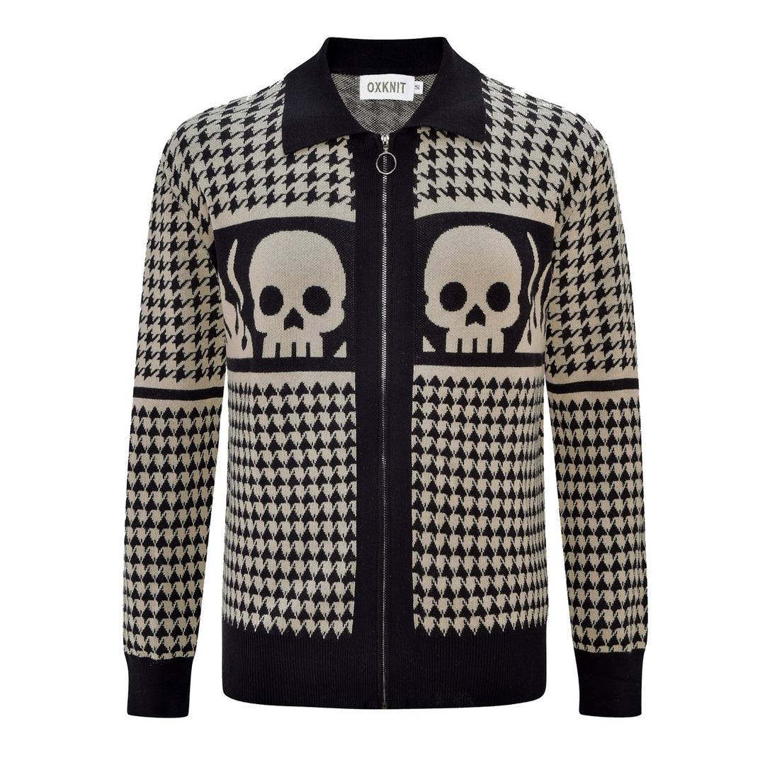 Men's black and cream houndstooth knit cardigan with skull graphics, a pointed collar, and a full zip front.