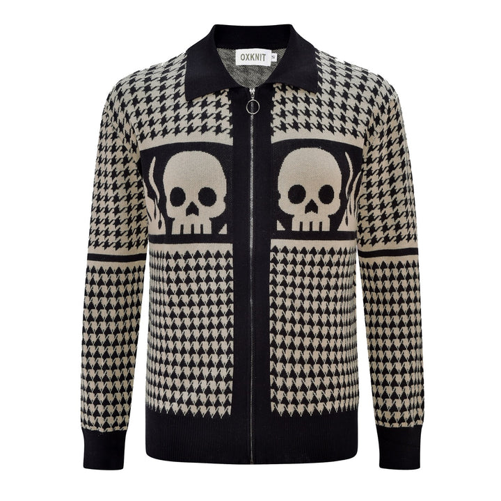 Men's black and cream houndstooth knit cardigan with skull graphics, a pointed collar, and a full zip front.