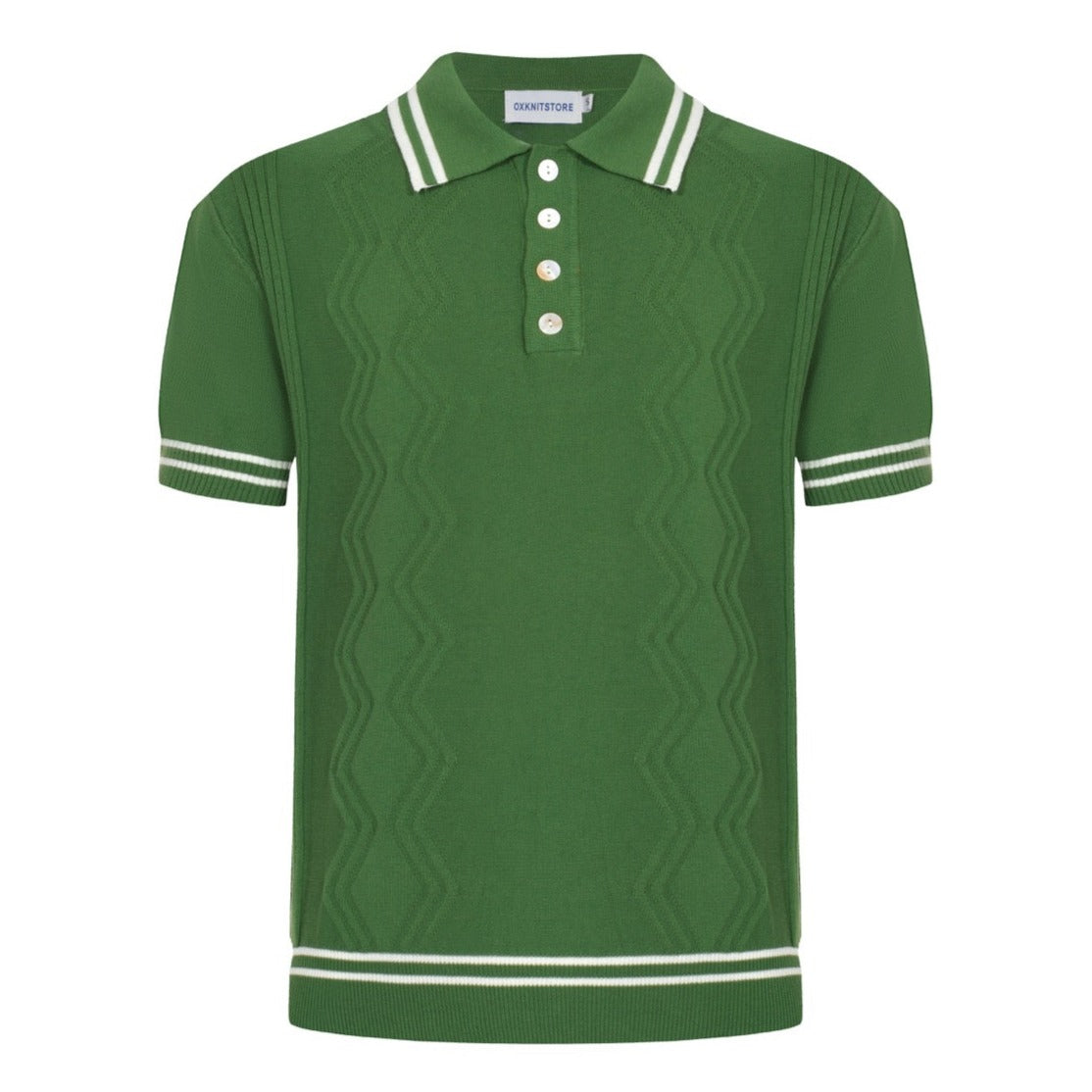 Men's Light Green Knit Polo With Geometric Pattern Jacquard Panel