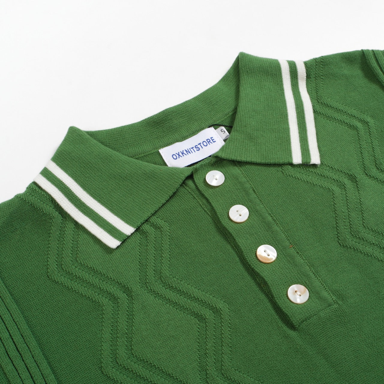 Men's Light Green Knit Polo With Geometric Pattern Jacquard Panel