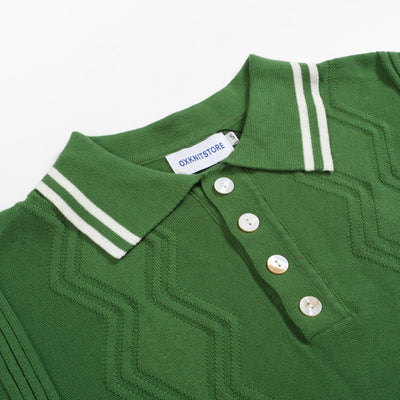 Men's Light Green Knit Polo With Geometric Pattern Jacquard Panel