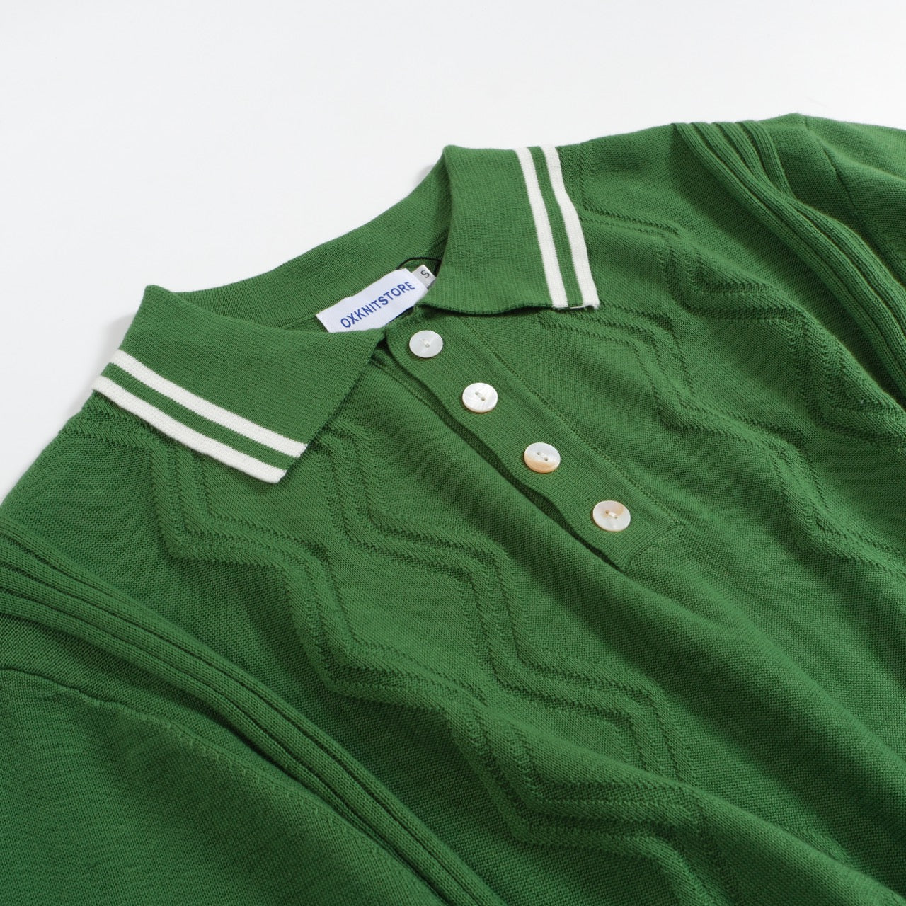 Men's Light Green Knit Polo With Geometric Pattern Jacquard Panel