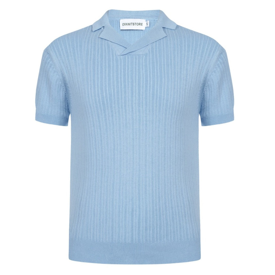 Men's Solid Light Blue Lapel Knitted Polo