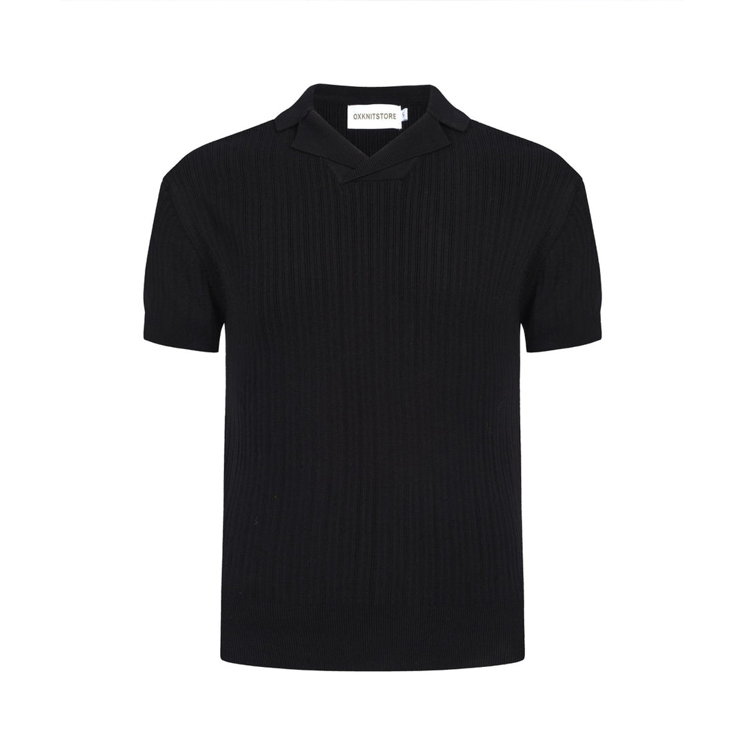 Men's 60s Black Ribbed Knit Polo – Minimalist Retro Shirt