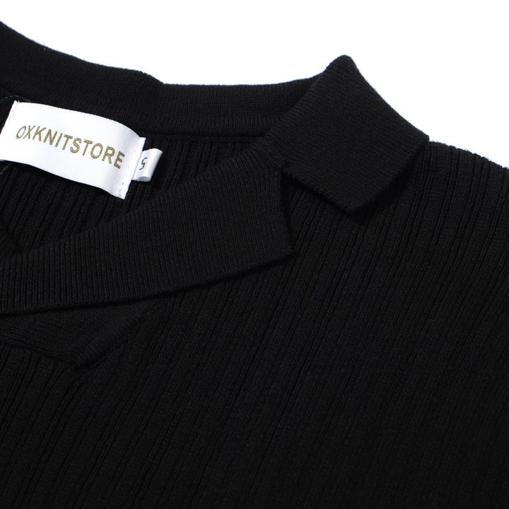Men's 60s Black Ribbed Knit Polo – Minimalist Retro Shirt