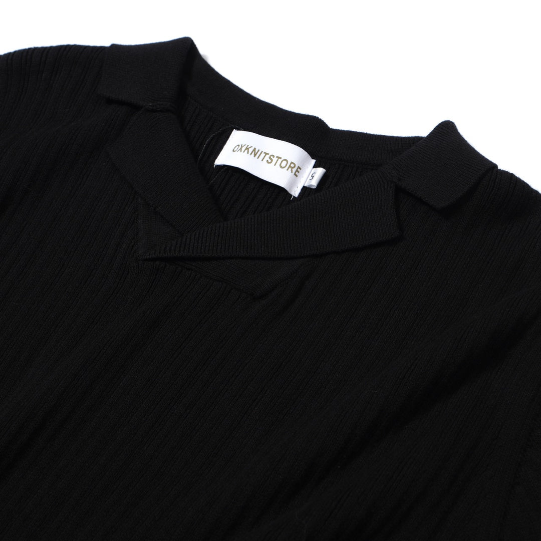 Men's 60s Black Ribbed Knit Polo – Minimalist Retro Shirt