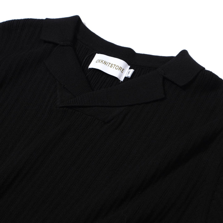 Men's 60s Black Ribbed Knit Polo – Minimalist Retro Shirt