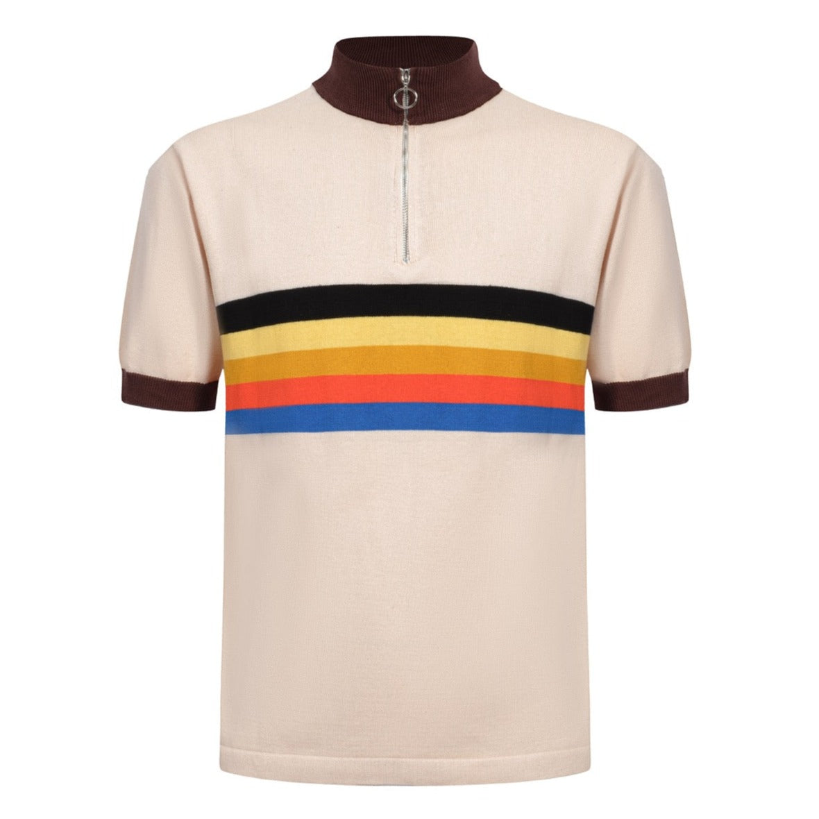 Men's Beige Zip Knitted T-Shirt With Rainbow Stripe