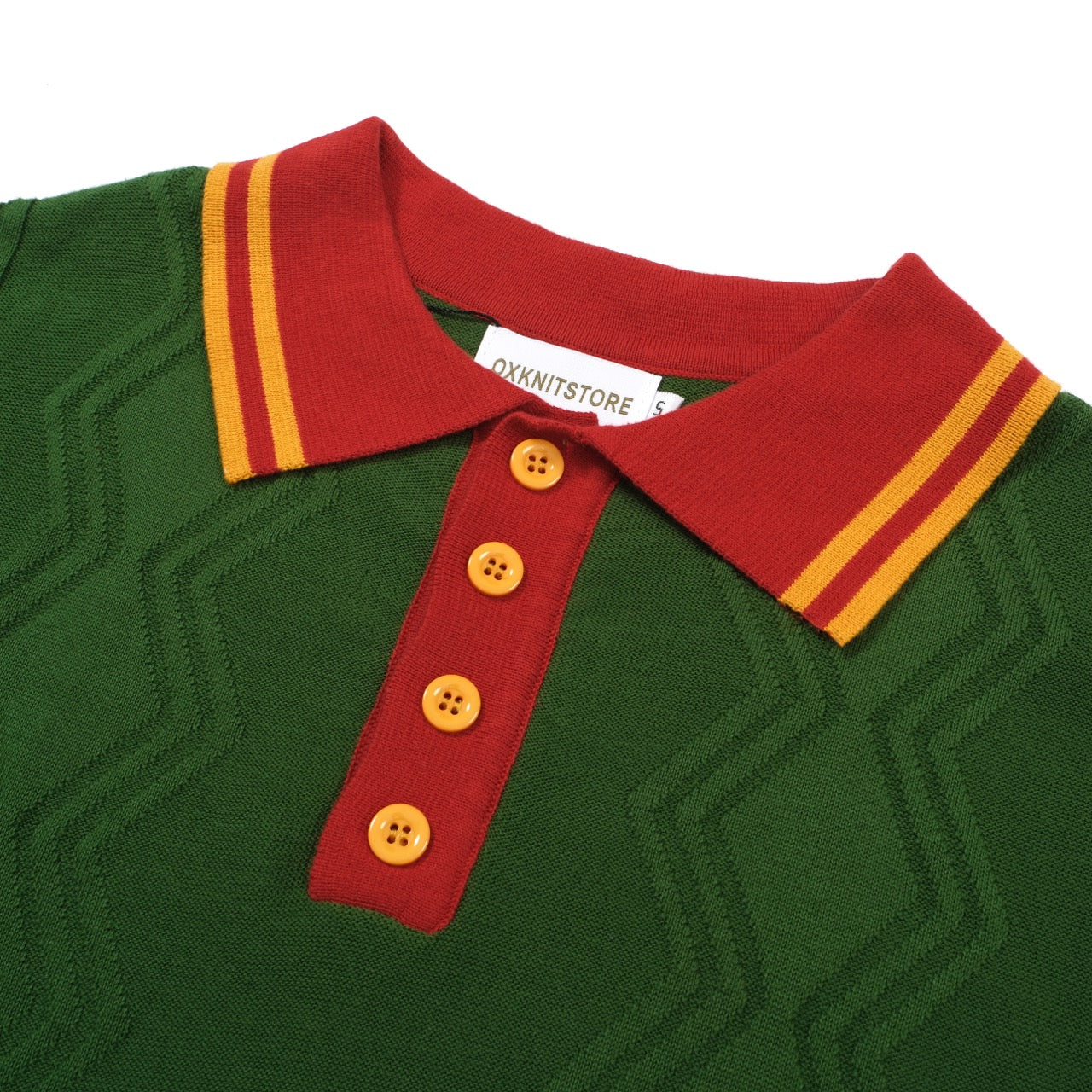 Men's Green Jacquard Panel Knitted Polo With Red Neck