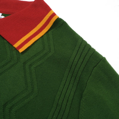 Men's Green Jacquard Panel Knitted Polo With Red Neck