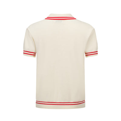 Men's White Jacquard Panel Knit Polo With Red Line Neck