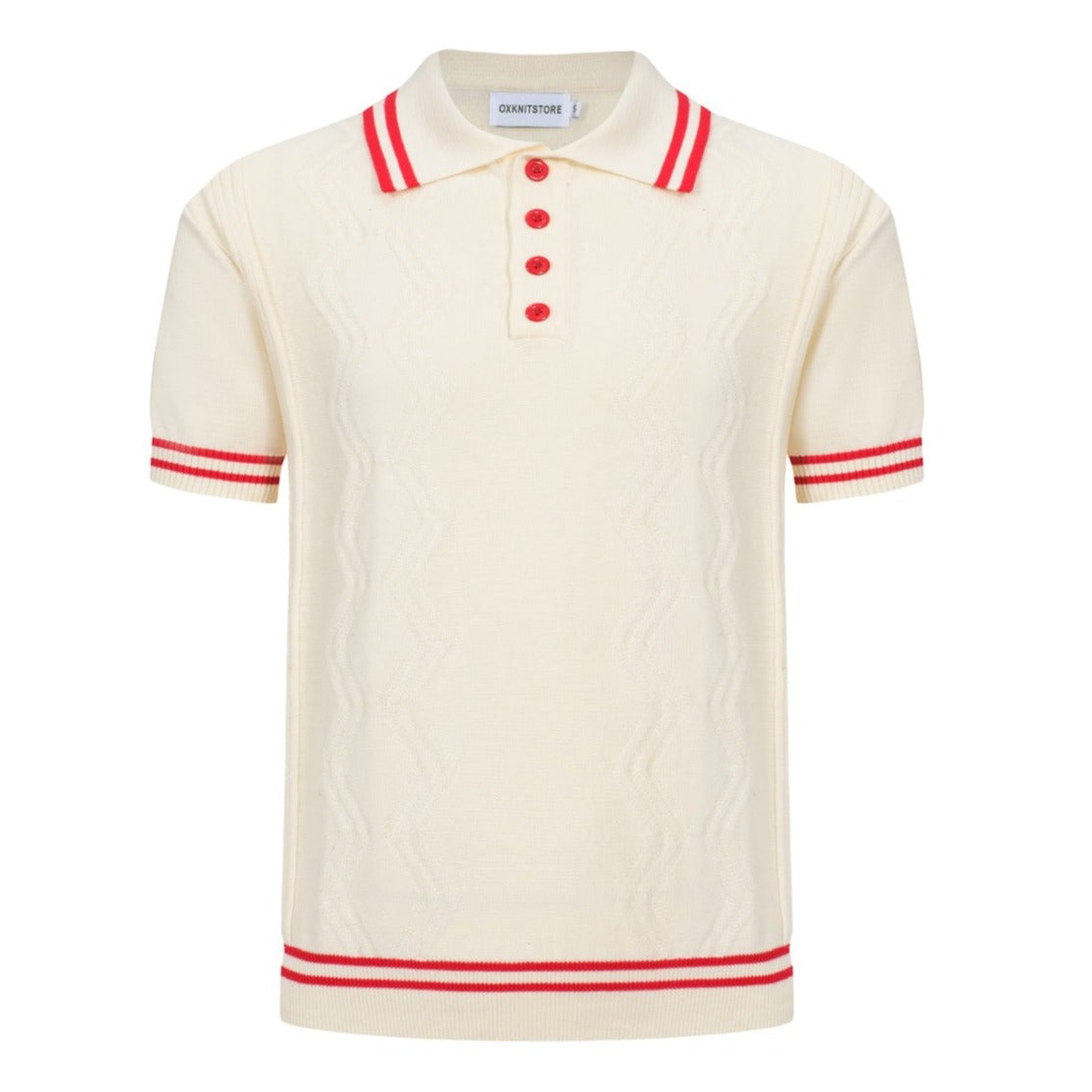 Men's White Jacquard Panel Knit Polo With Red Line Neck