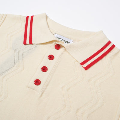 Men's White Jacquard Panel Knit Polo With Red Line Neck