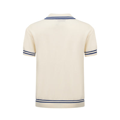 Men's White Jacquard Panel Knit Polo With Navy Blue Line Neck