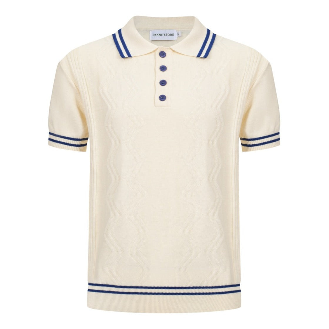 Men's White Jacquard Panel Knit Polo With Navy Blue Line Neck