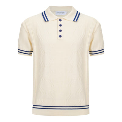 Men's White Jacquard Panel Knit Polo With Navy Blue Line Neck