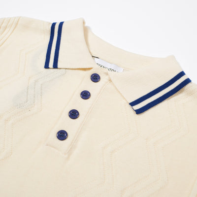 Men's White Jacquard Panel Knit Polo With Navy Blue Line Neck