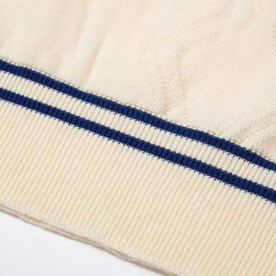 Men's White Jacquard Panel Knit Polo With Navy Blue Line Neck