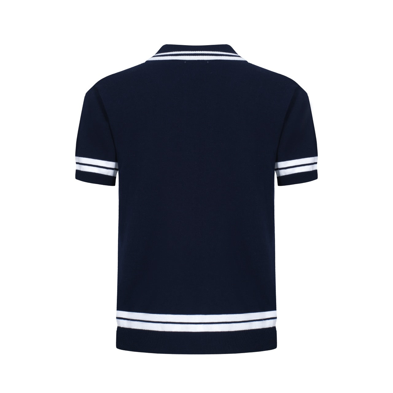 Men's Navy Blue Button Knitted Polo With Double Lines Neck