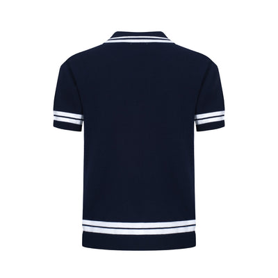 Men's Navy Blue Button Knitted Polo With Double Lines Neck