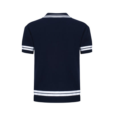 Men's Navy Blue Button Knitted Polo With Double Lines Neck