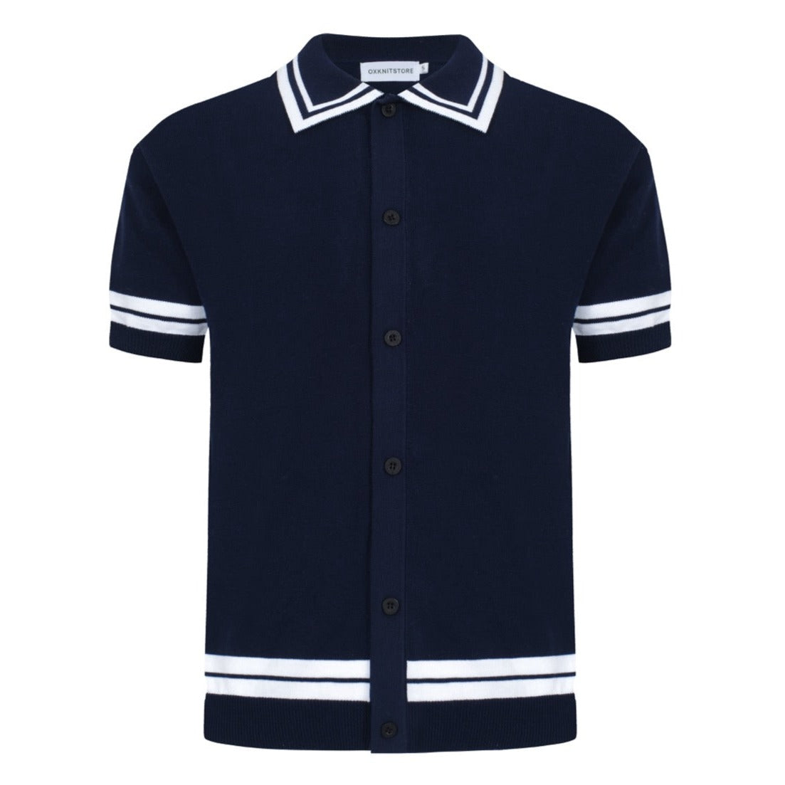 Men's Navy Blue Button Knitted Polo With Double Lines Neck