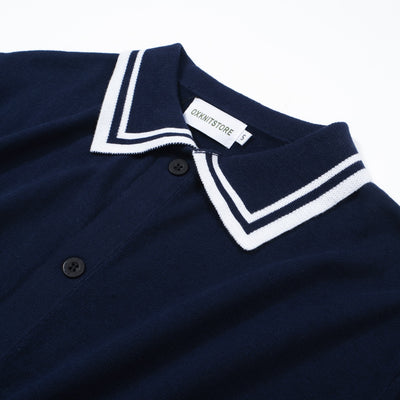 Men's Navy Blue Button Knitted Polo With Double Lines Neck