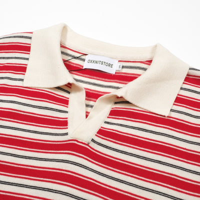 Men's Red & Off White Stripe Knitted Short Sleeves Polo