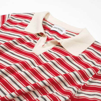 Men's Red & Off White Stripe Knitted Short Sleeves Polo