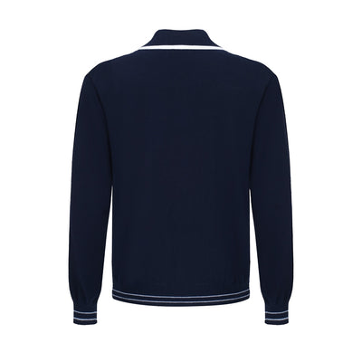 Men's Navy Blue Long Sleeve Zip Knitted Cardigan With White Line