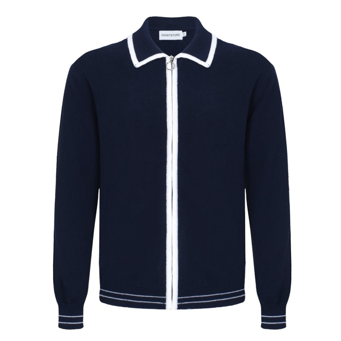 Men's Navy Blue Long Sleeve Zip Knitted Cardigan With White Line