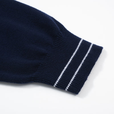 Men's Navy Blue Long Sleeve Zip Knitted Cardigan With White Line