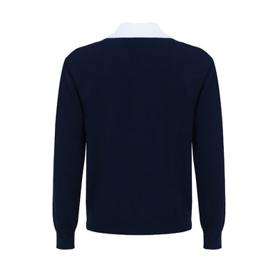 Men's Navy Blue Knitted Long Sleeve Polo With Pocket