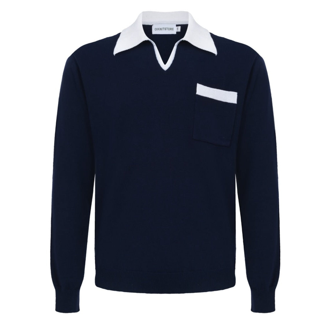 Men's Navy Blue Knitted Long Sleeve Polo With Pocket