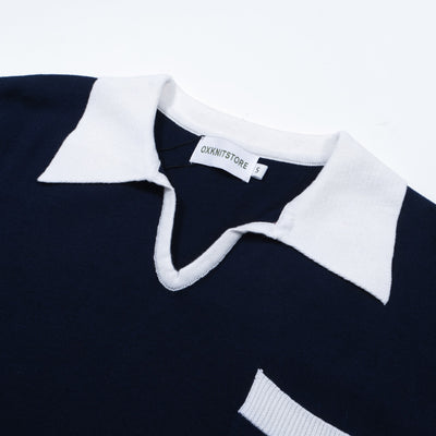 Men's Navy Blue Knitted Long Sleeve Polo With Pocket