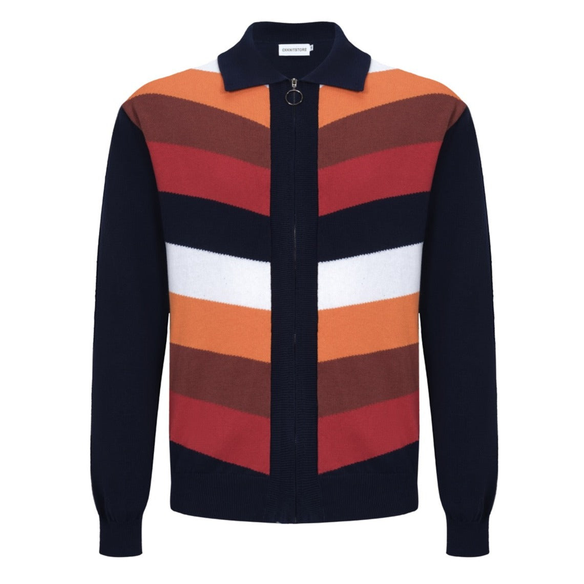 Men's Orange Stripes Long Sleeve Knitted Navy Blue Zip Cardigan