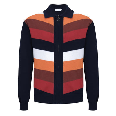 Men's Orange Stripes Long Sleeve Knitted Navy Blue Zip Cardigan