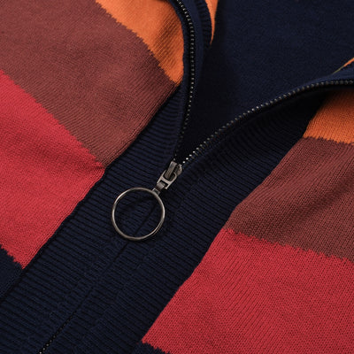 Men's Orange Stripes Long Sleeve Knitted Navy Blue Zip Cardigan