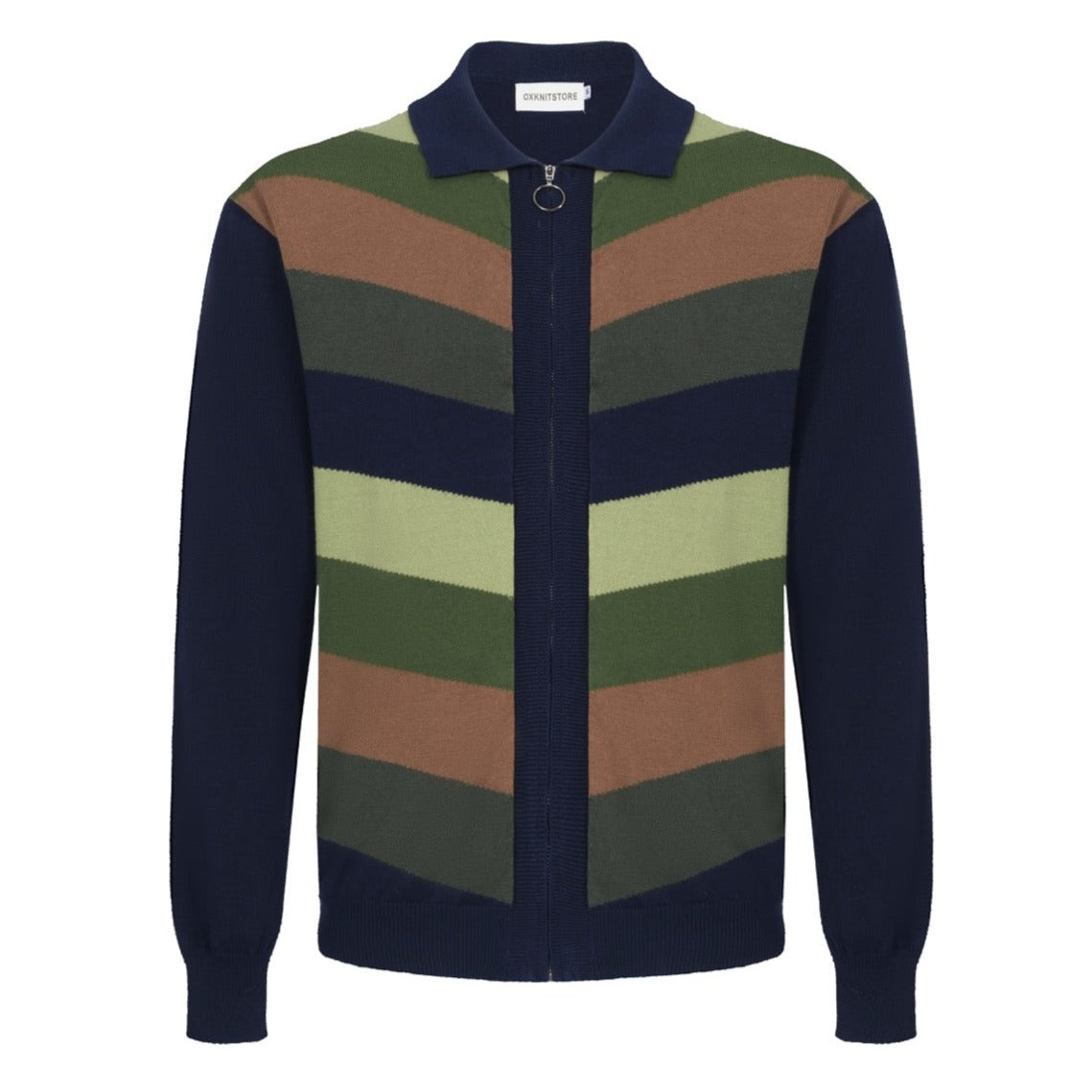 Men's Green Stripes Long Sleeve Knitted Navy Blue Zip Cardigan