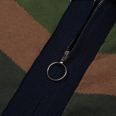 Men's Green Stripes Long Sleeve Knitted Navy Blue Zip Cardigan