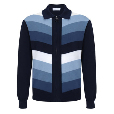 Men's Blue Stripes Long Sleeve Knitted Navy Blue Zip Cardigan
