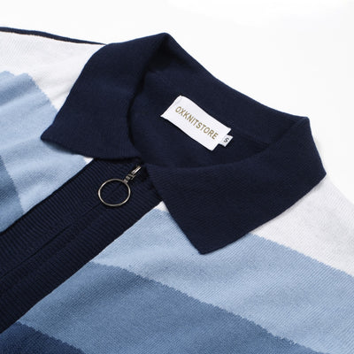 Men's Blue Stripes Long Sleeve Knitted Navy Blue Zip Cardigan