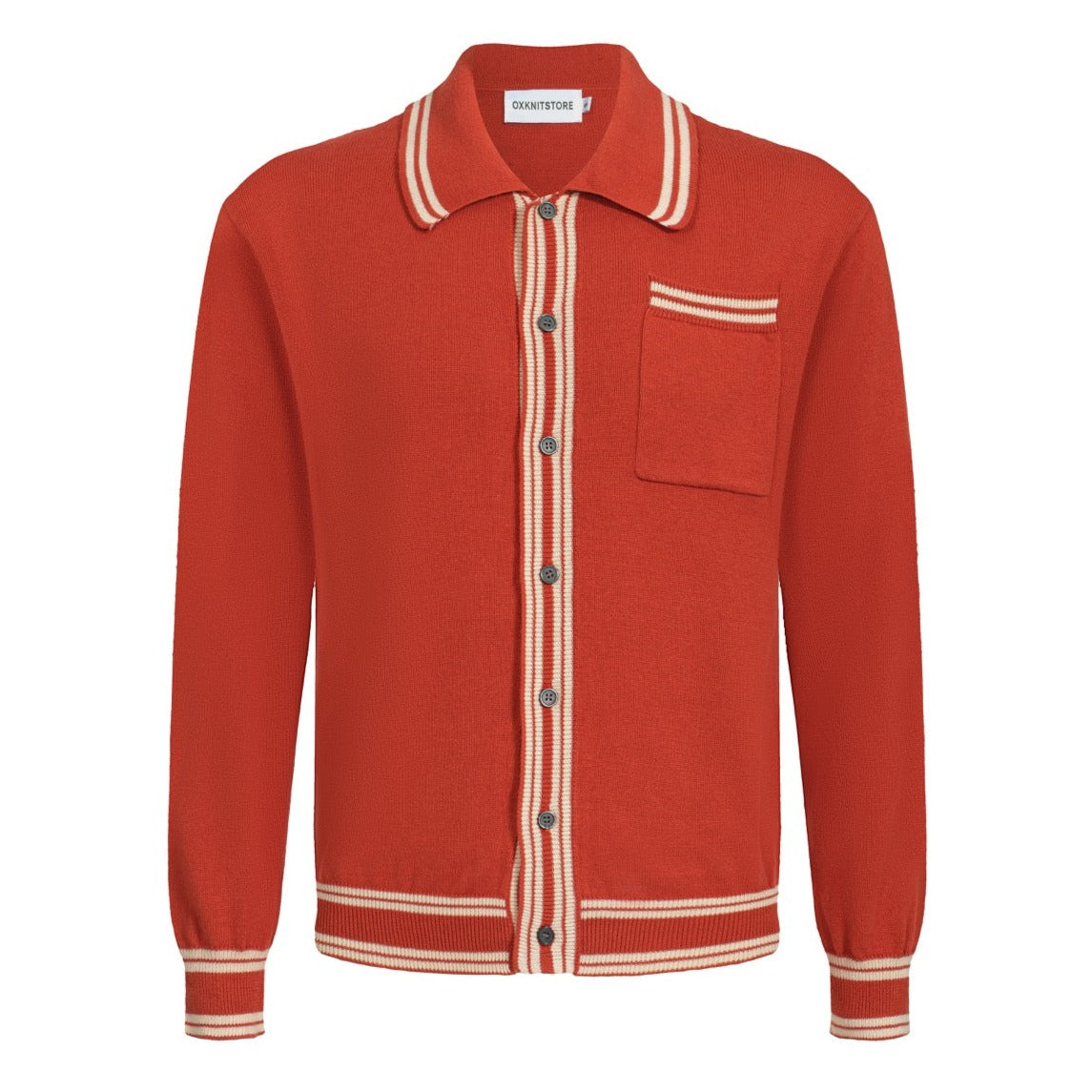 Men's Brown Knitted Long Sleeves Polo With Apricot Lines