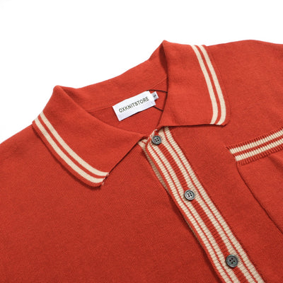 Men's Brown Knitted Long Sleeves Polo With Apricot Lines
