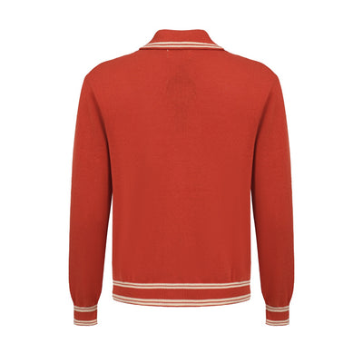 Men's Brown Knitted Long Sleeves Polo With Apricot Lines